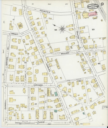 Sanborn Fire Insurance Map from Waltham, Middlesex County, Massachusetts (1892), Sheet #0009 - Historic Sanborn Fire Insurance Map Print, vintage old map wall art, antique decor, genealogy gift, Massachusetts Massachusetts map