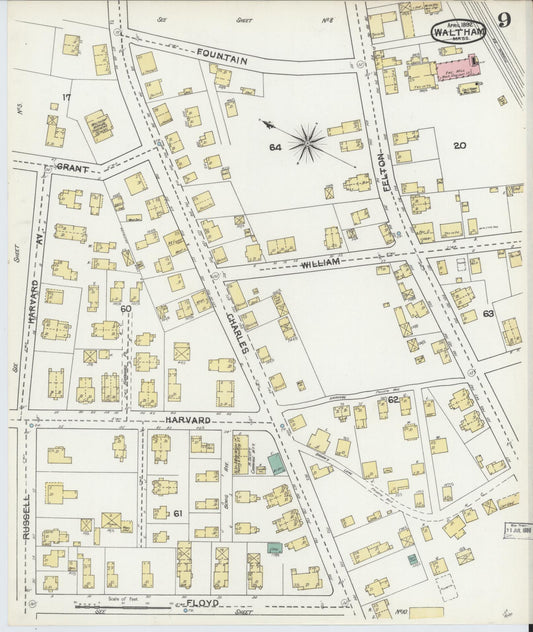 Sanborn Fire Insurance Map from Waltham, Middlesex County, Massachusetts (1892), Sheet #0009 - Historic Sanborn Fire Insurance Map Print, vintage old map wall art, antique decor, genealogy gift, Massachusetts Massachusetts map