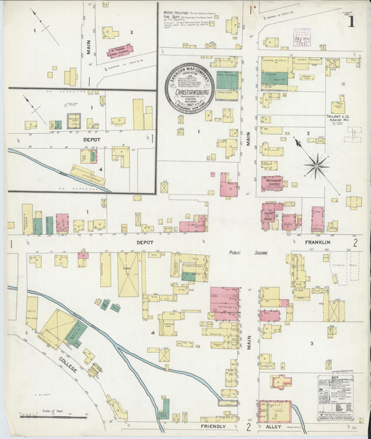 Sanborn Fire Insurance Map from Christiansburg, Montgomery County, Virginia (1907), Sheet #0001 - Complete Map Set gallery image, historic Sanborn map, vintage wall art, Virginia Virginia