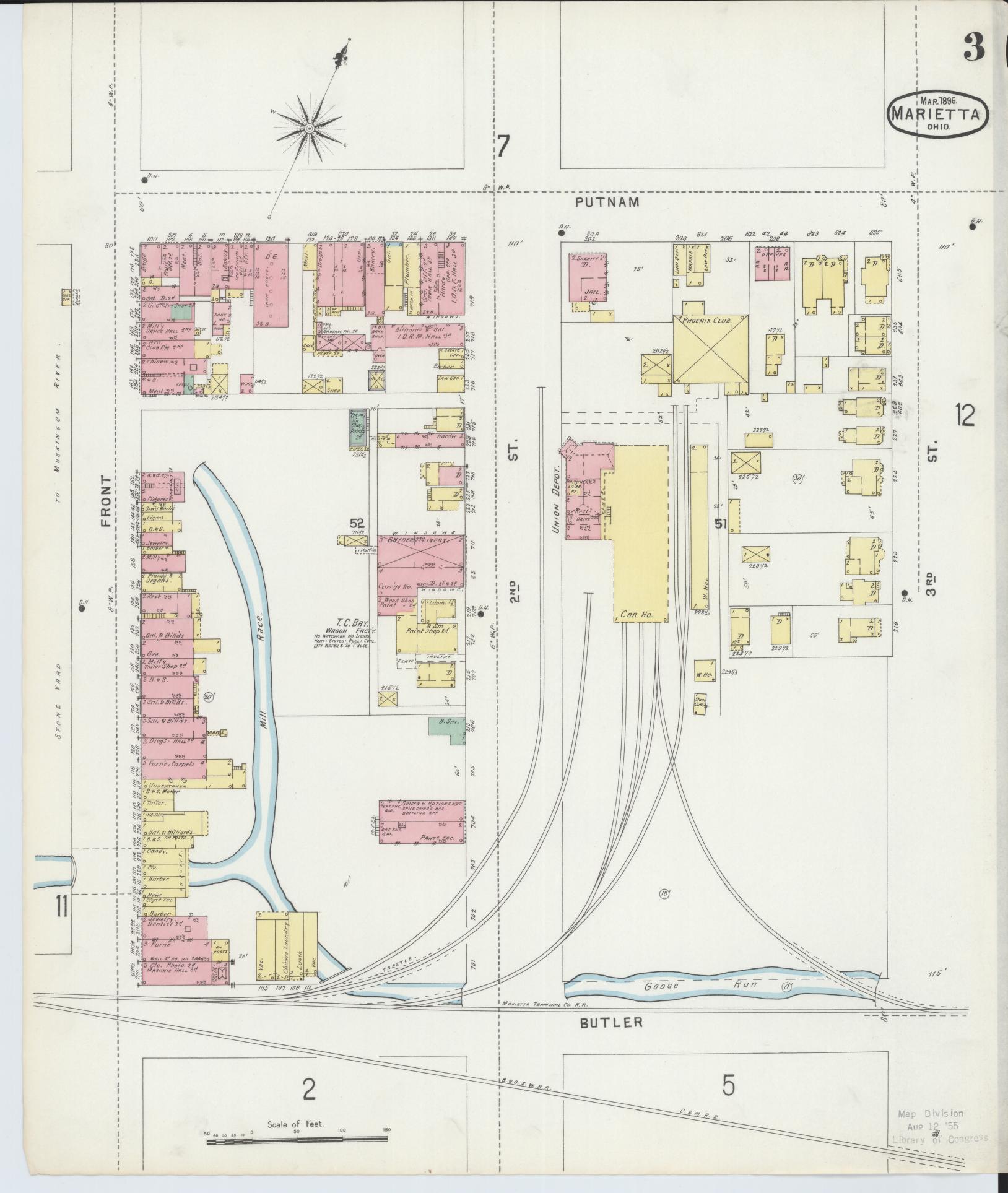 Sanborn Fire Insurance Map from Marietta, Washington County, Ohio (1896), Sheet #0003 - Historic Sanborn Fire Insurance Map Print, vintage old map wall art, antique decor, genealogy gift, Ohio Ohio map