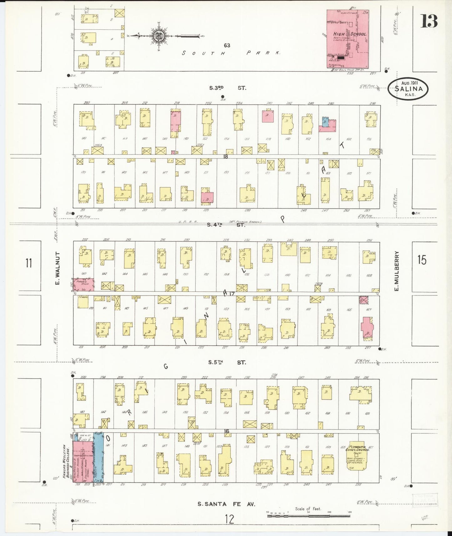 Sanborn Fire Insurance Map from Salina, Saline County, Kansas (1911), Sheet #0013 - Historic Sanborn Fire Insurance Map Print, vintage old map wall art, antique decor, genealogy gift, Kansas Kansas map