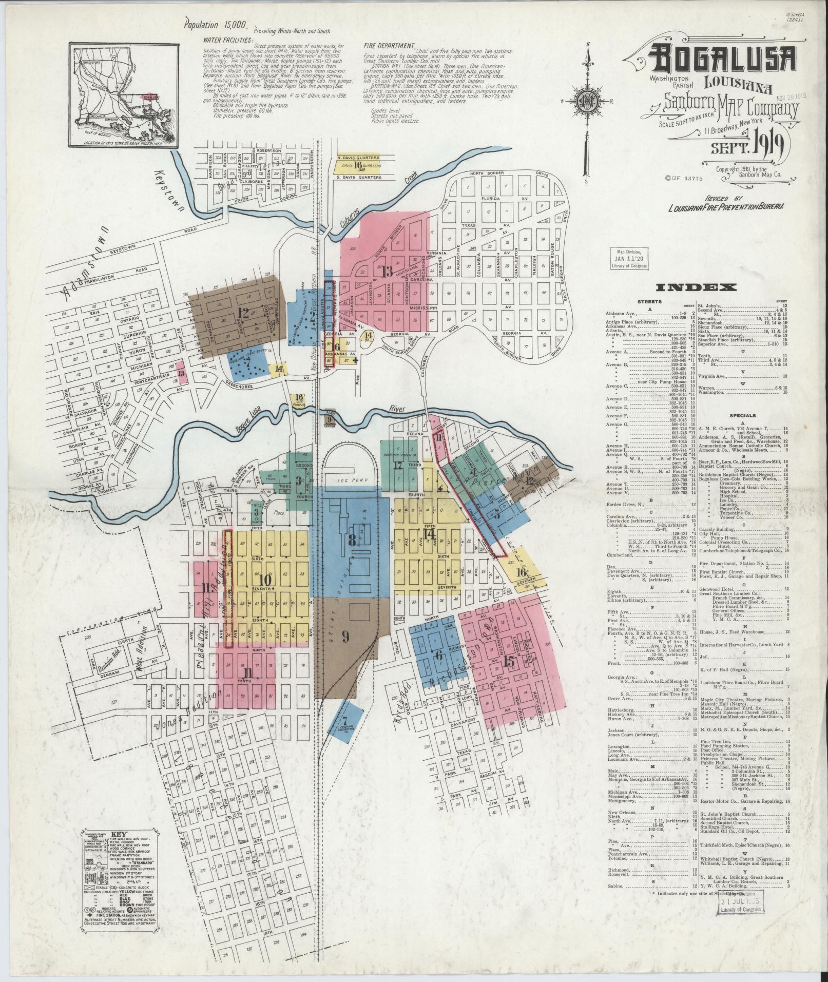 Sanborn Fire Insurance Map from Bogalusa, Washington Parish, Louisiana (1919), Sheet #0001 - Historic Sanborn Fire Insurance Map Print, vintage old map wall art, antique decor, genealogy gift, Louisiana Louisiana map