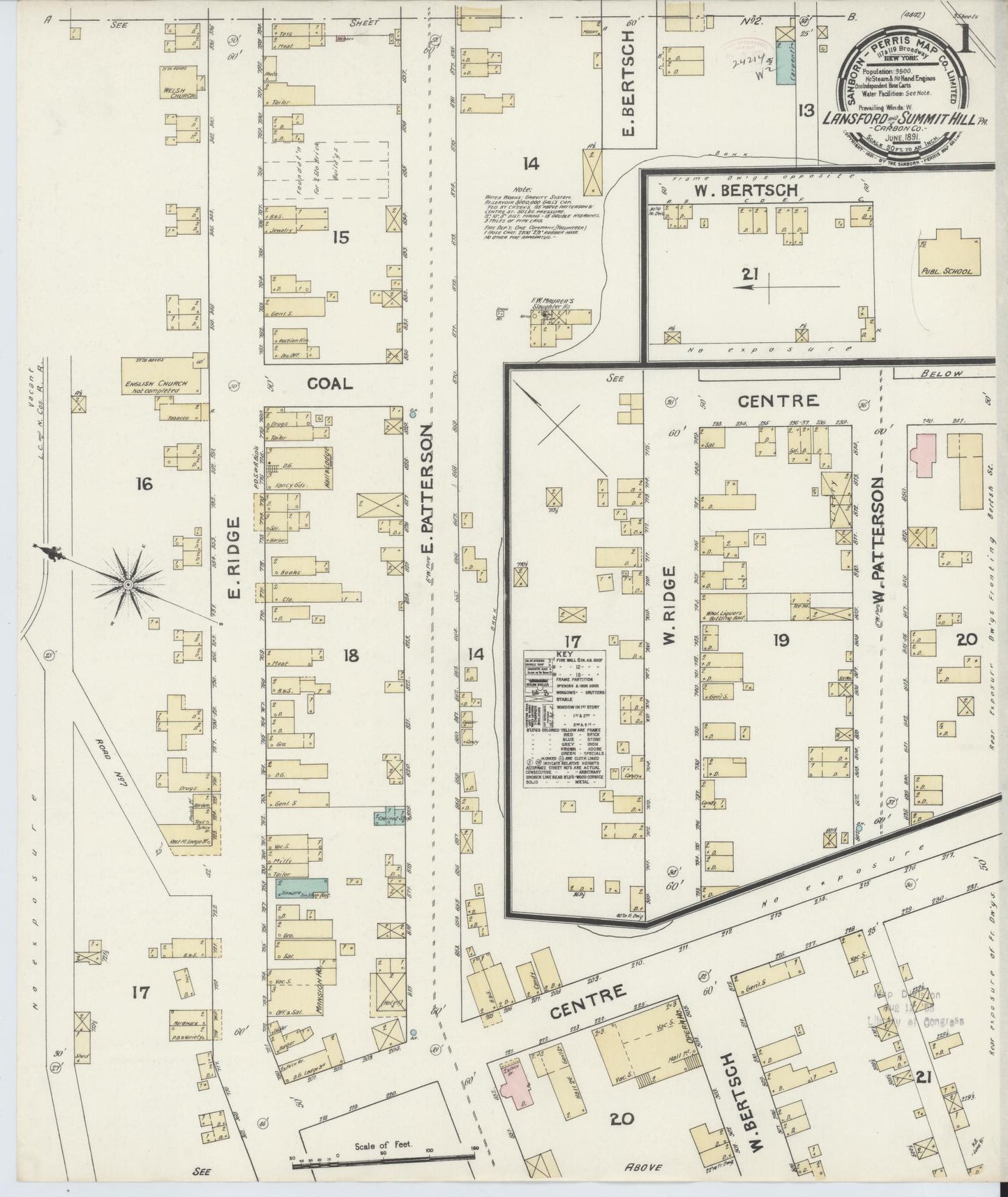 Sanborn Fire Insurance Map from Lansford, Carbon County, Pennsylvania (1891), Sheet #0001 - Historic Sanborn Fire Insurance Map Print, vintage old map wall art, antique decor, genealogy gift, Pennsylvania Pennsylvania map