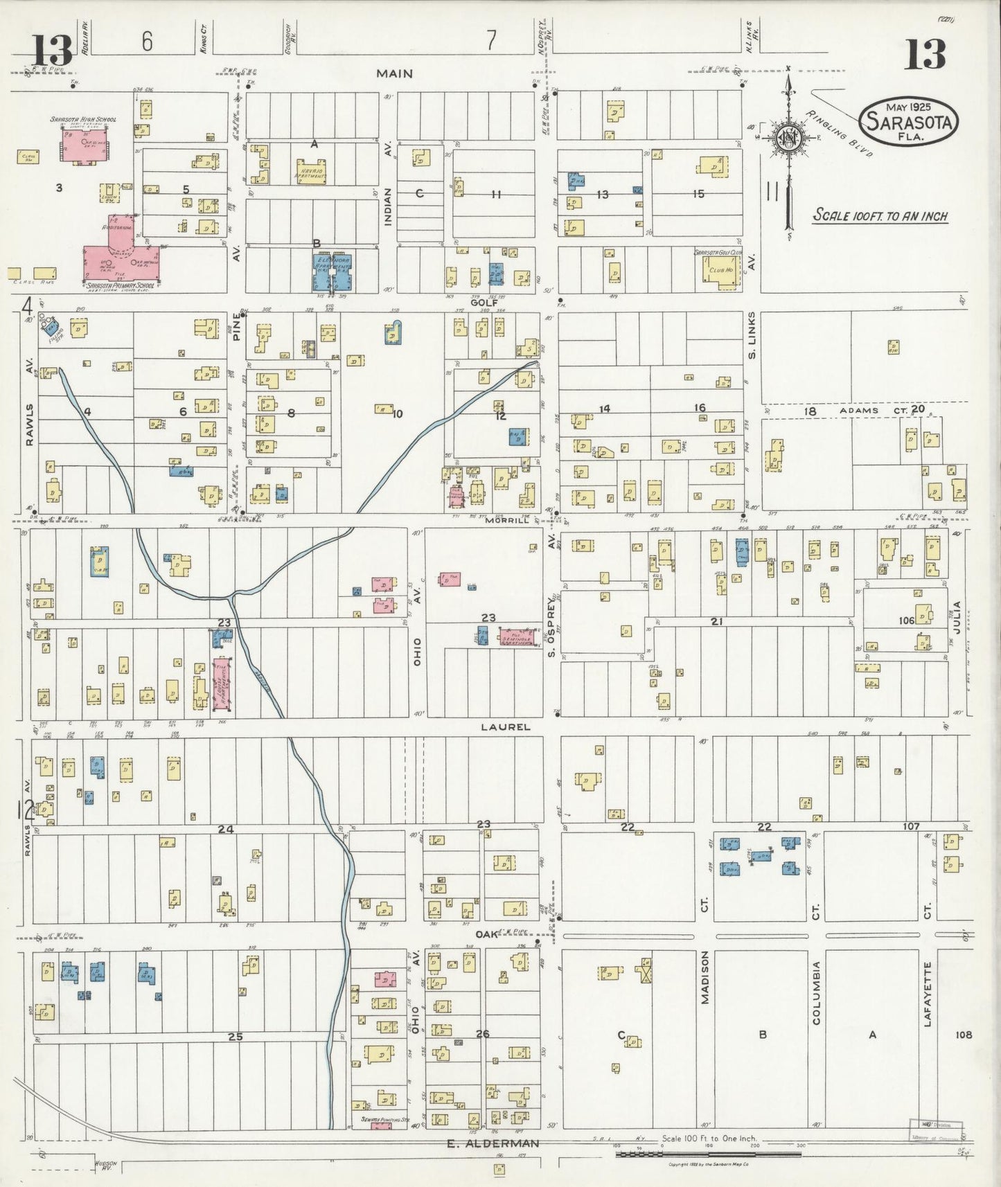 Sanborn Fire Insurance Map from Sarasota, Sarasota County, Florida (1925), Sheet #0013 - Historic Sanborn Fire Insurance Map Print, vintage old map wall art, antique decor, genealogy gift, Florida Florida map