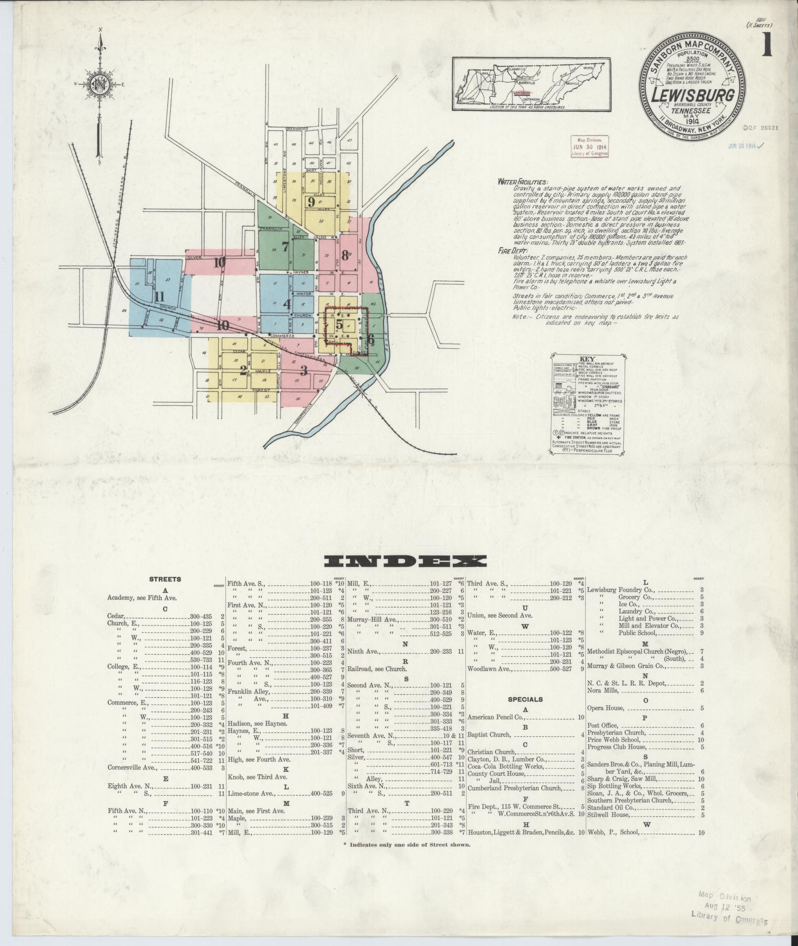 Sanborn Fire Insurance Map from Lewisburg, Marshall County, Tennessee (1914), Sheet #0001 - Complete Map Set gallery image, historic Sanborn map, vintage wall art, Tennessee Tennessee