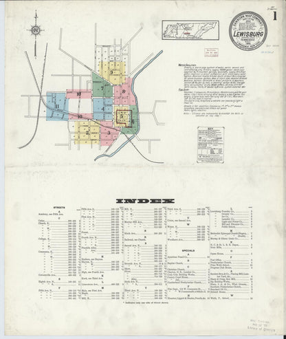 Sanborn Fire Insurance Map from Lewisburg, Marshall County, Tennessee (1914), Sheet #0001 - Complete Map Set gallery image, historic Sanborn map, vintage wall art, Tennessee Tennessee