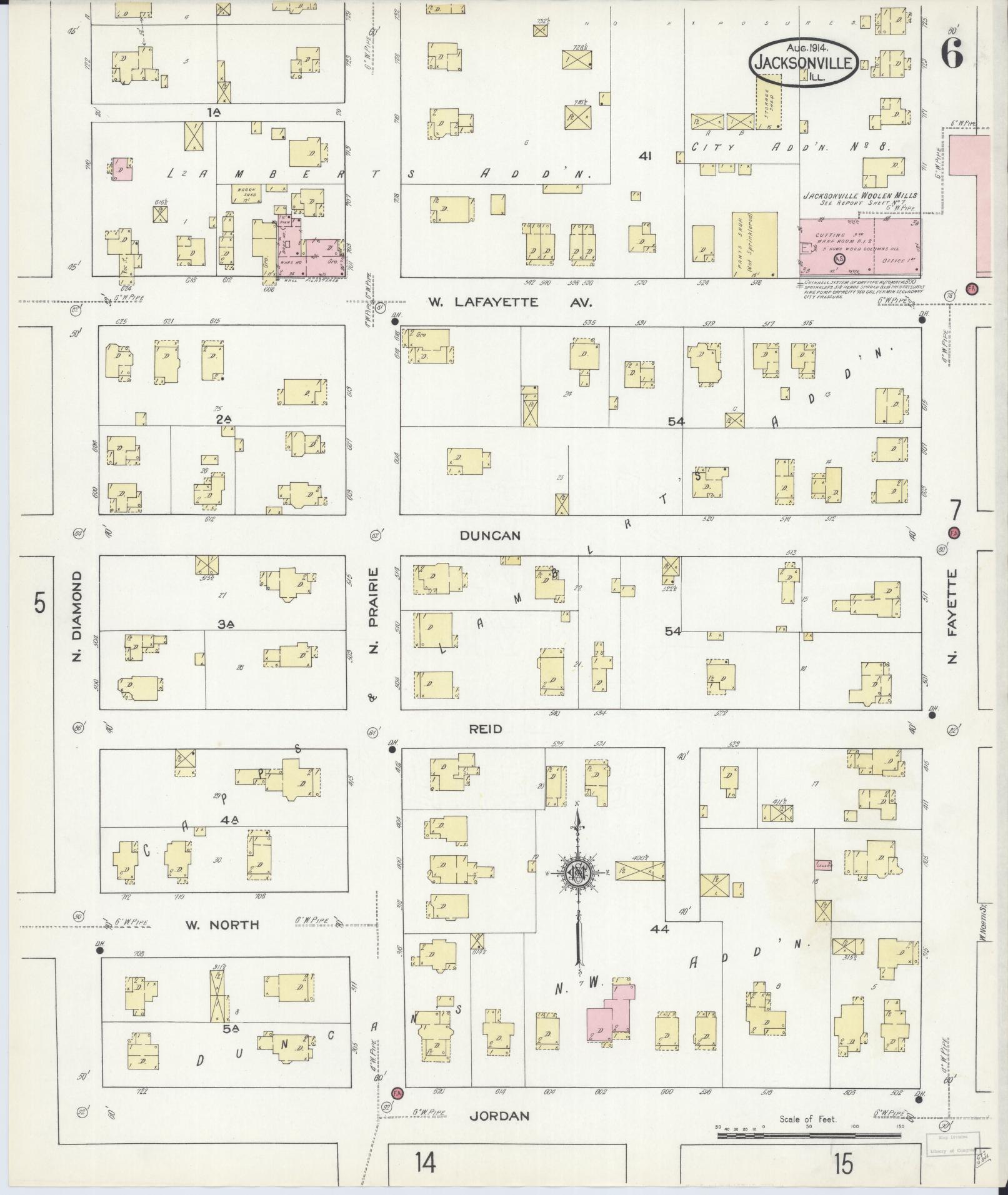 Sanborn Fire Insurance Map from Jacksonville, Morgan County, Illinois (1914), Sheet #0006 - Complete Map Set gallery image, historic Sanborn map, vintage wall art, Illinois Illinois