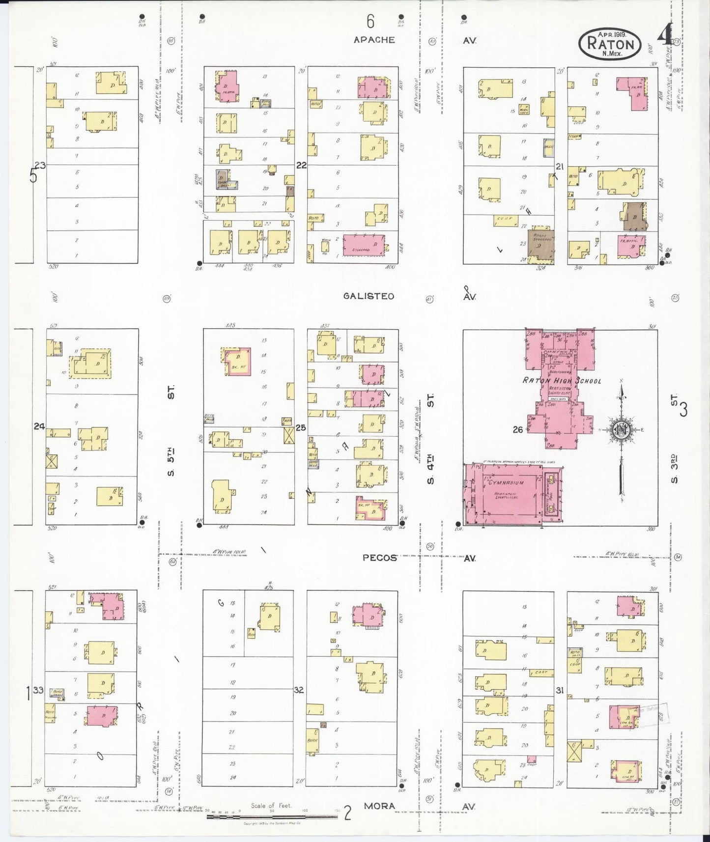 Sanborn Fire Insurance Map from Raton, Colfax County, New Mexico (1919), Sheet #0004 - Historic Sanborn Fire Insurance Map Print, vintage old map wall art, antique decor, genealogy gift, New Mexico New Mexico map