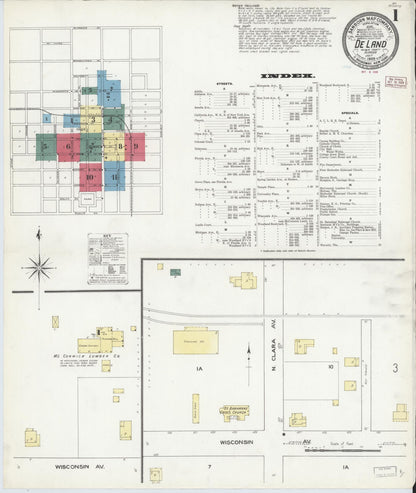 Sanborn Fire Insurance Map from De Land, Volusia County, Florida (1909), Sheet #0001 - Complete Map Set gallery image, historic Sanborn map, vintage wall art, Florida Florida