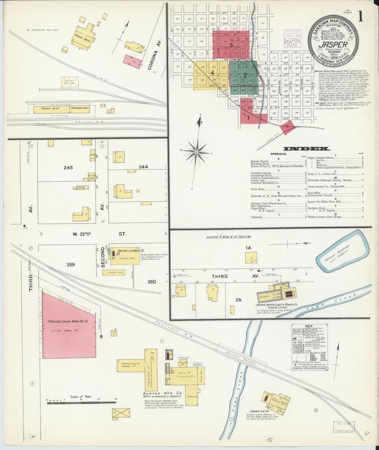 Sanborn Fire Insurance Map from Jasper, Walker County, Alabama (1909), Sheet #0001 - Complete Map Set gallery image, historic Sanborn map, vintage wall art, Alabama Alabama