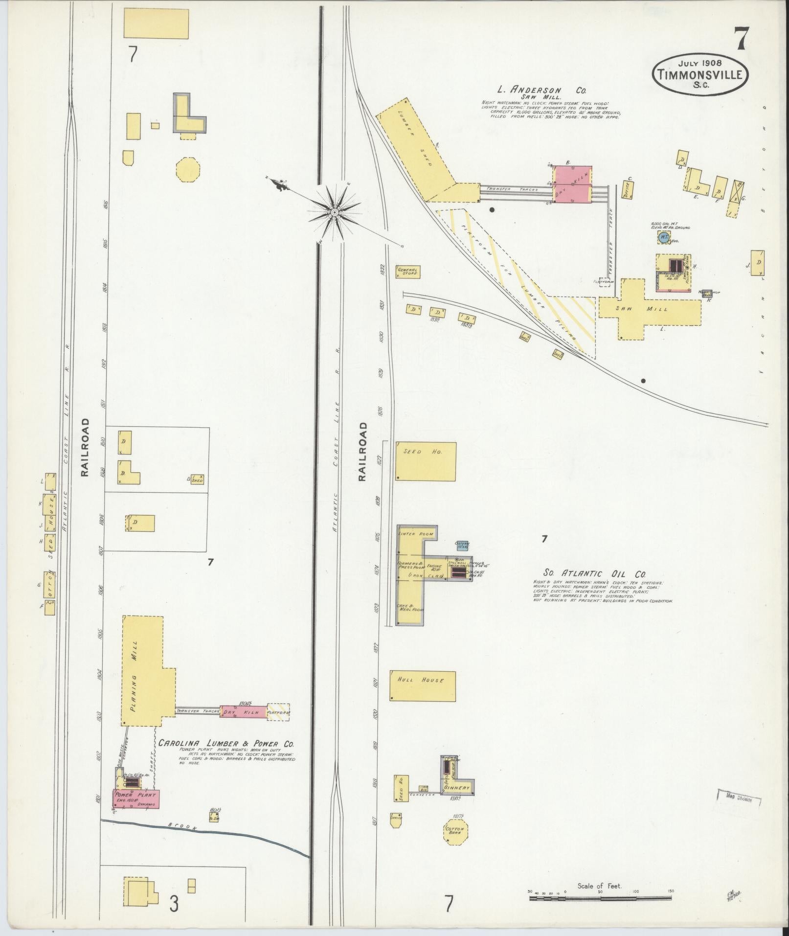Sanborn Fire Insurance Map from Timmonsville, Florence County, South Carolina (1908), Sheet #0007 - Historic Sanborn Fire Insurance Map Print, vintage old map wall art, antique decor, genealogy gift, South Carolina South Carolina map