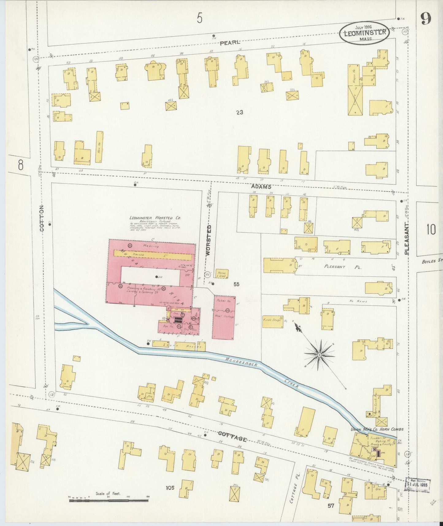 Sanborn Fire Insurance Map from Leominster, Worcester County, Massachusetts (1906), Sheet #0009 - Historic Sanborn Fire Insurance Map Print, vintage old map wall art, antique decor, genealogy gift, Massachusetts Massachusetts map