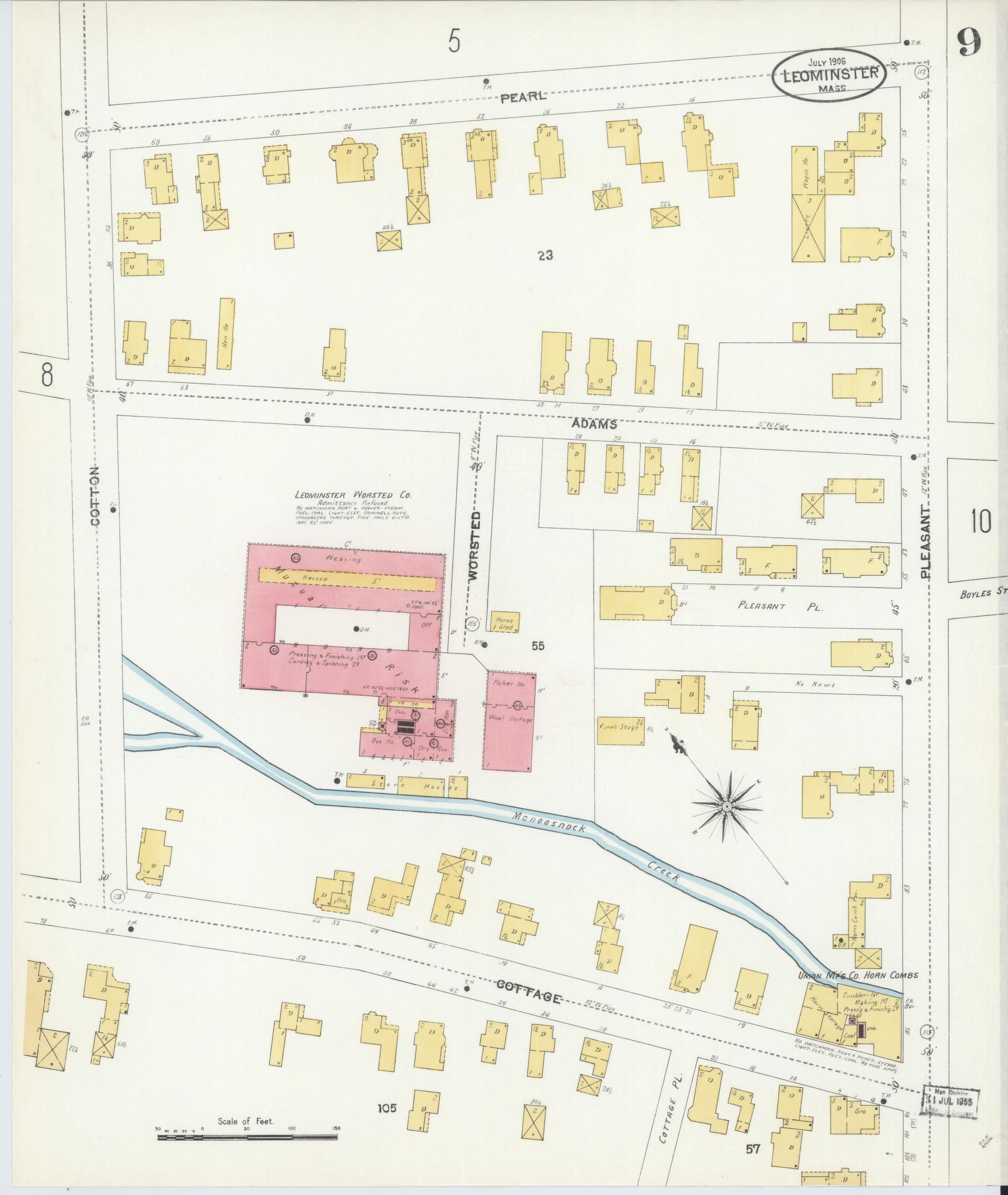 Sanborn Fire Insurance Map from Leominster, Worcester County, Massachusetts (1906), Sheet #0009 - Historic Sanborn Fire Insurance Map Print, vintage old map wall art, antique decor, genealogy gift, Massachusetts Massachusetts map