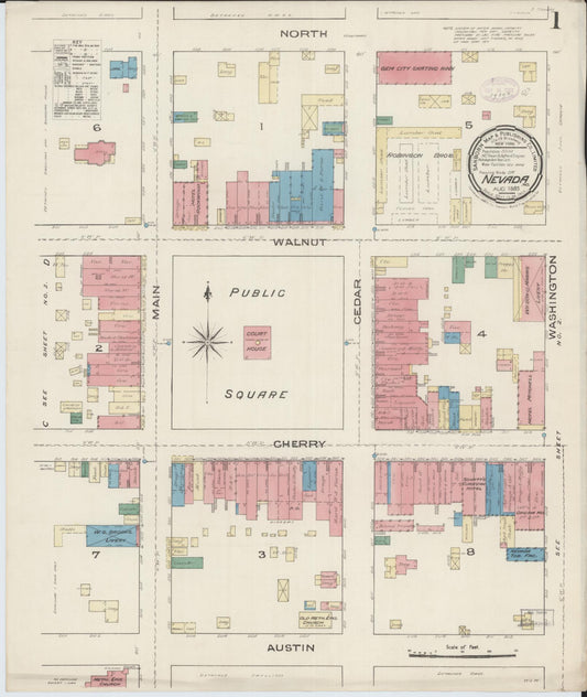 Sanborn Fire Insurance Map from Nevada, Vernon County, Missouri (1885), Sheet #0001 - Historic Sanborn Fire Insurance Map Print, vintage old map wall art, antique decor, genealogy gift, Missouri Missouri map