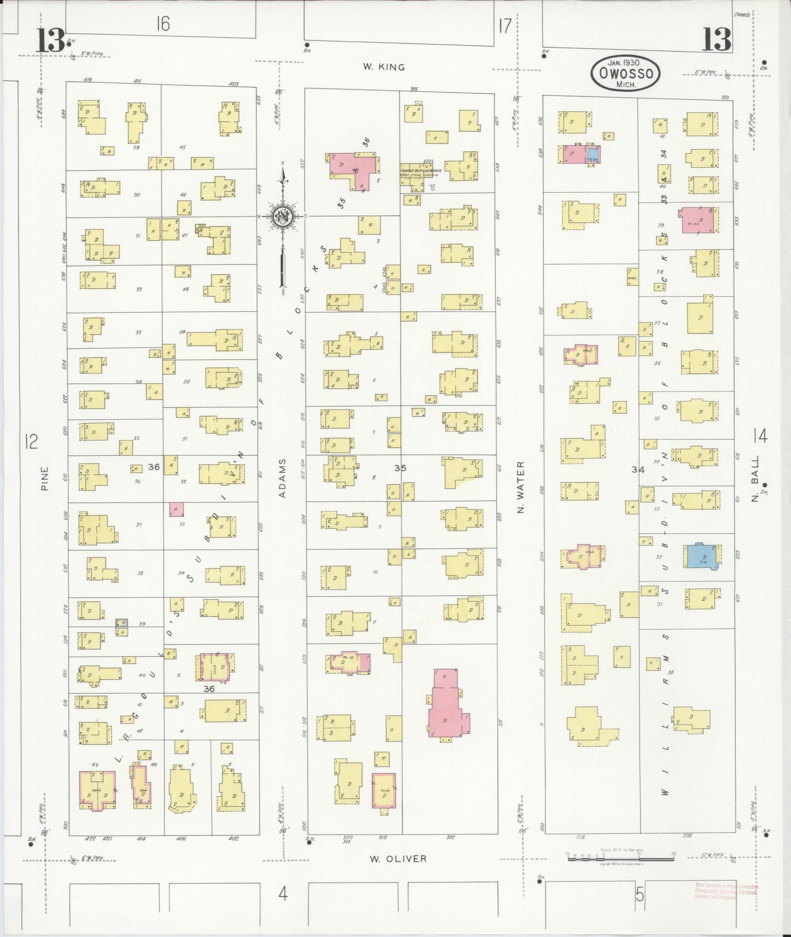 Sanborn Fire Insurance Map from Owosso, Shiawassee County, Michigan (1930), Sheet #0013 - Complete Map Set gallery image, historic Sanborn map, vintage wall art, Michigan Michigan