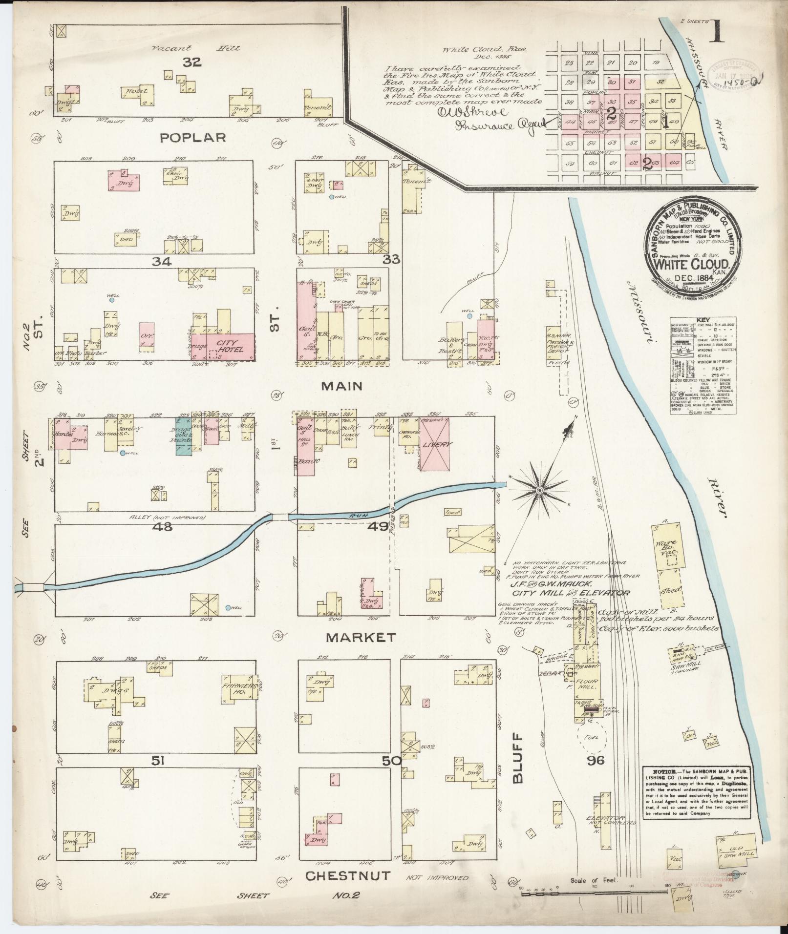 Sanborn Fire Insurance Map from White Cloud, Doniphan County, Kansas (1884), Sheet #0001 - Complete Map Set gallery image, historic Sanborn map, vintage wall art, Kansas Kansas