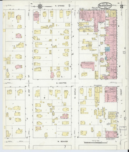 Sanborn Fire Insurance Map from Beaver Dam, Dodge County, Wisconsin (1914), Sheet #0008 - Historic Sanborn Fire Insurance Map Print, vintage old map wall art, antique decor, genealogy gift, Wisconsin Wisconsin map