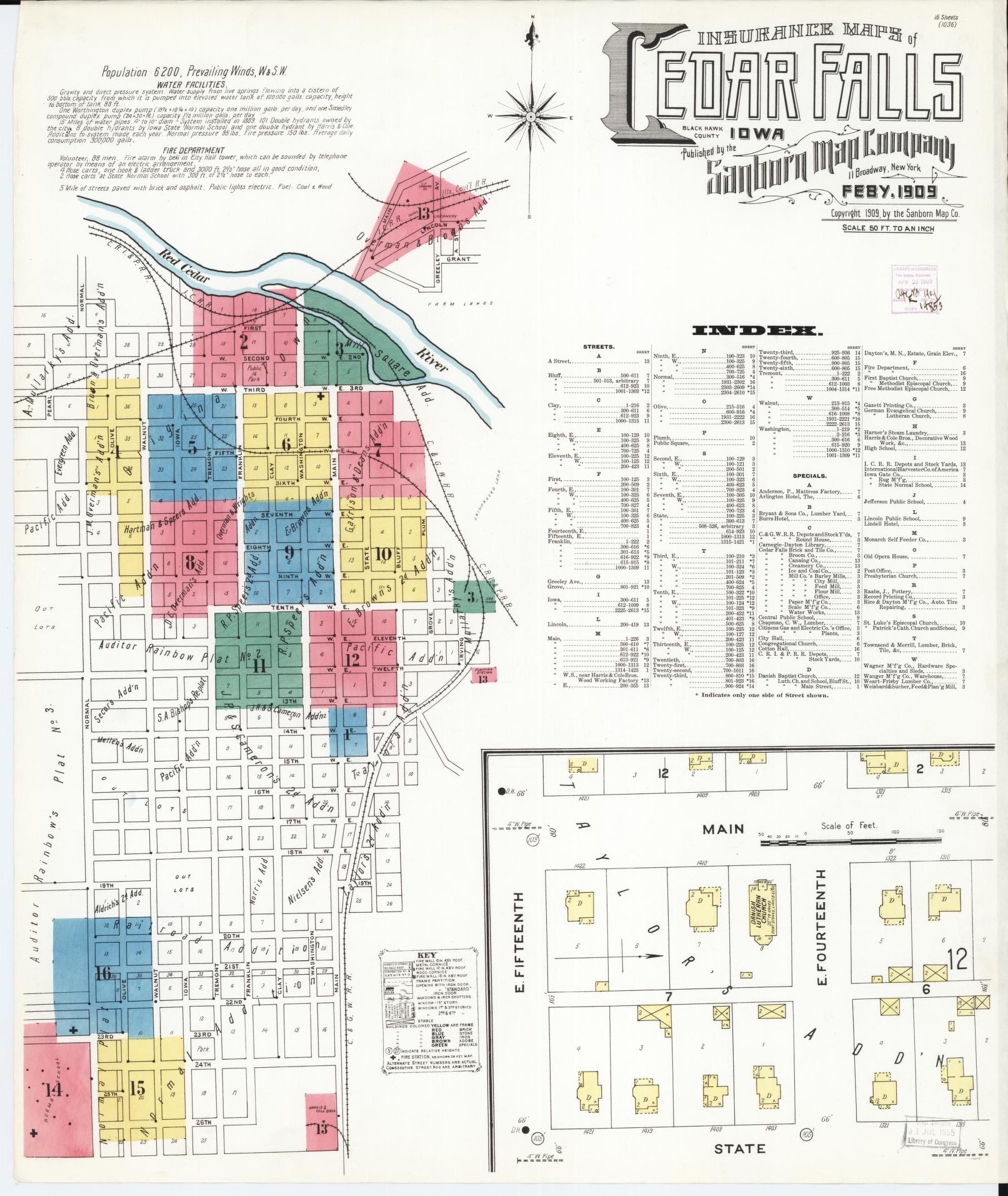 Sanborn Fire Insurance Map from Cedar Falls, Black Hawk County, Iowa (1909), Sheet #0001 - Historic Sanborn Fire Insurance Map Print, vintage old map wall art