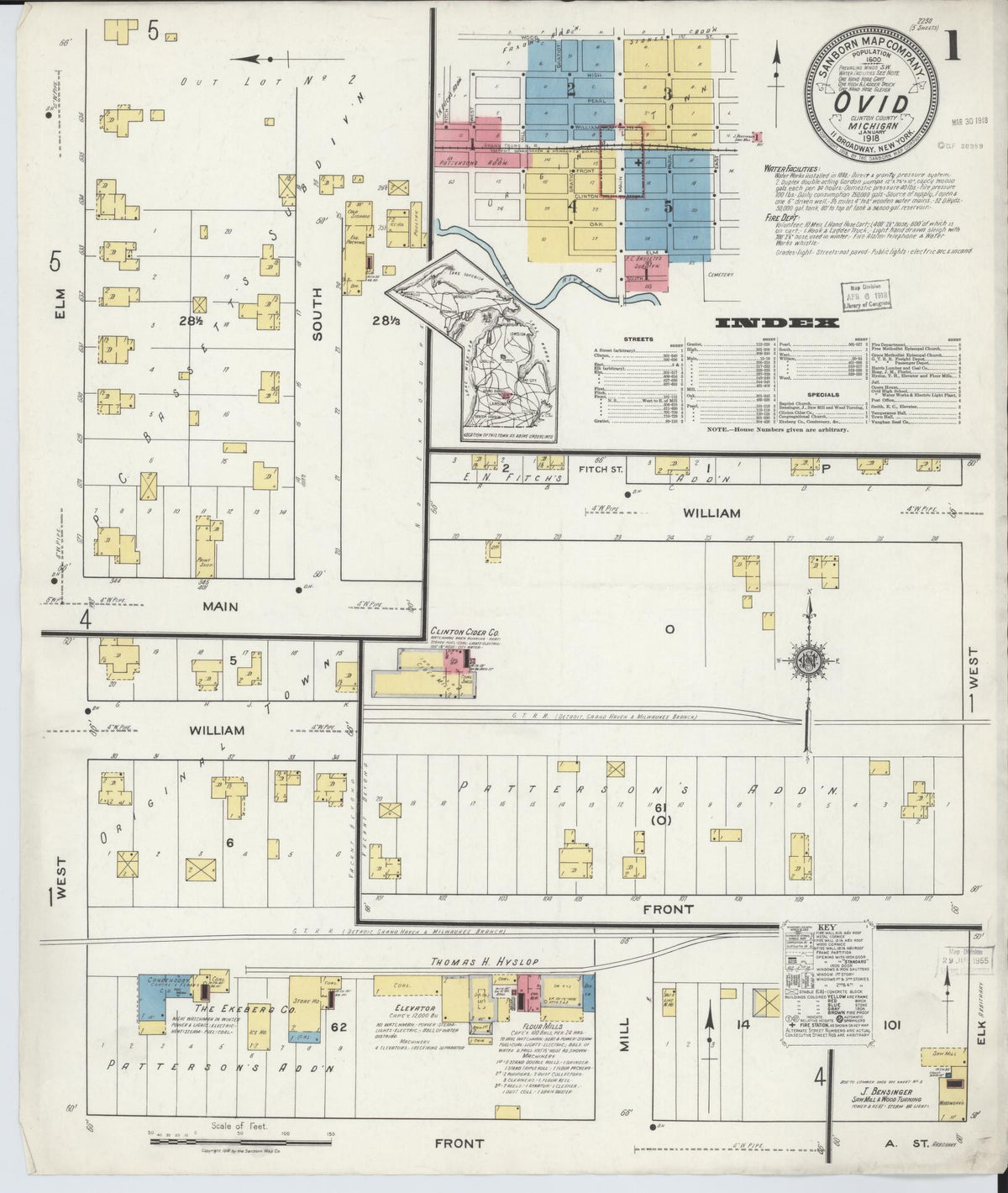 Sanborn Fire Insurance Map from Ovid, Clinton County, Michigan (1918), Sheet #0001 - Historic Sanborn Fire Insurance Map Print, vintage old map wall art, antique decor, genealogy gift, Michigan Michigan map