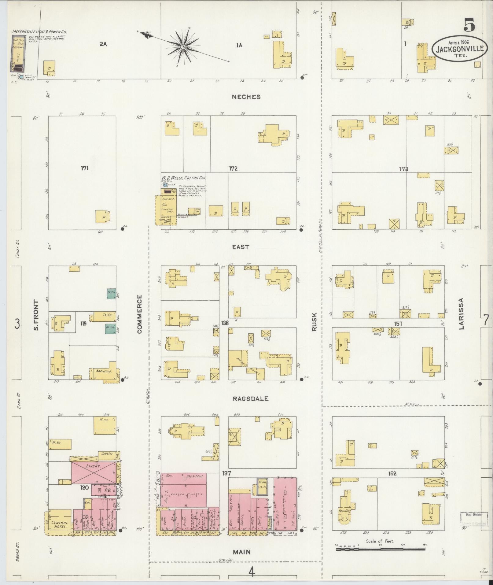 Sanborn Fire Insurance Map from Jacksonville, Cherokee County, Texas (1906), Sheet #0005 - Historic Sanborn Fire Insurance Map Print, vintage old map wall art, antique decor, genealogy gift, Texas Texas map