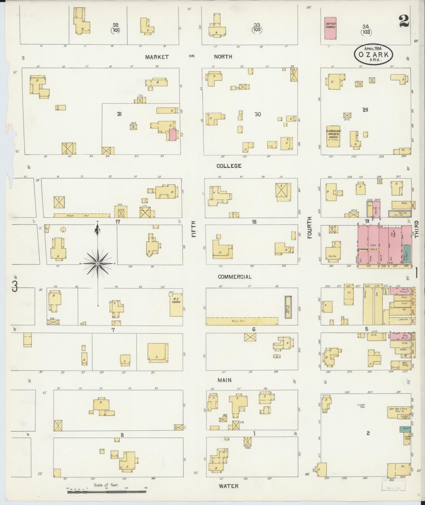 Sanborn Fire Insurance Map from Ozark, Franklin County, Arkansas (1904), Sheet #0002 - Historic Sanborn Fire Insurance Map Print, vintage old map wall art, antique decor, genealogy gift, Arkansas Arkansas map