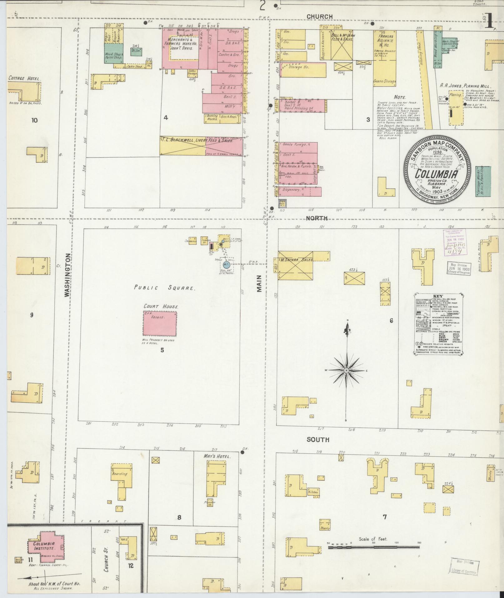 Sanborn Fire Insurance Map from Columbia, Houston County, Alabama (1903), Sheet #0001 - Complete Map Set gallery image, historic Sanborn map, vintage wall art, Alabama Alabama