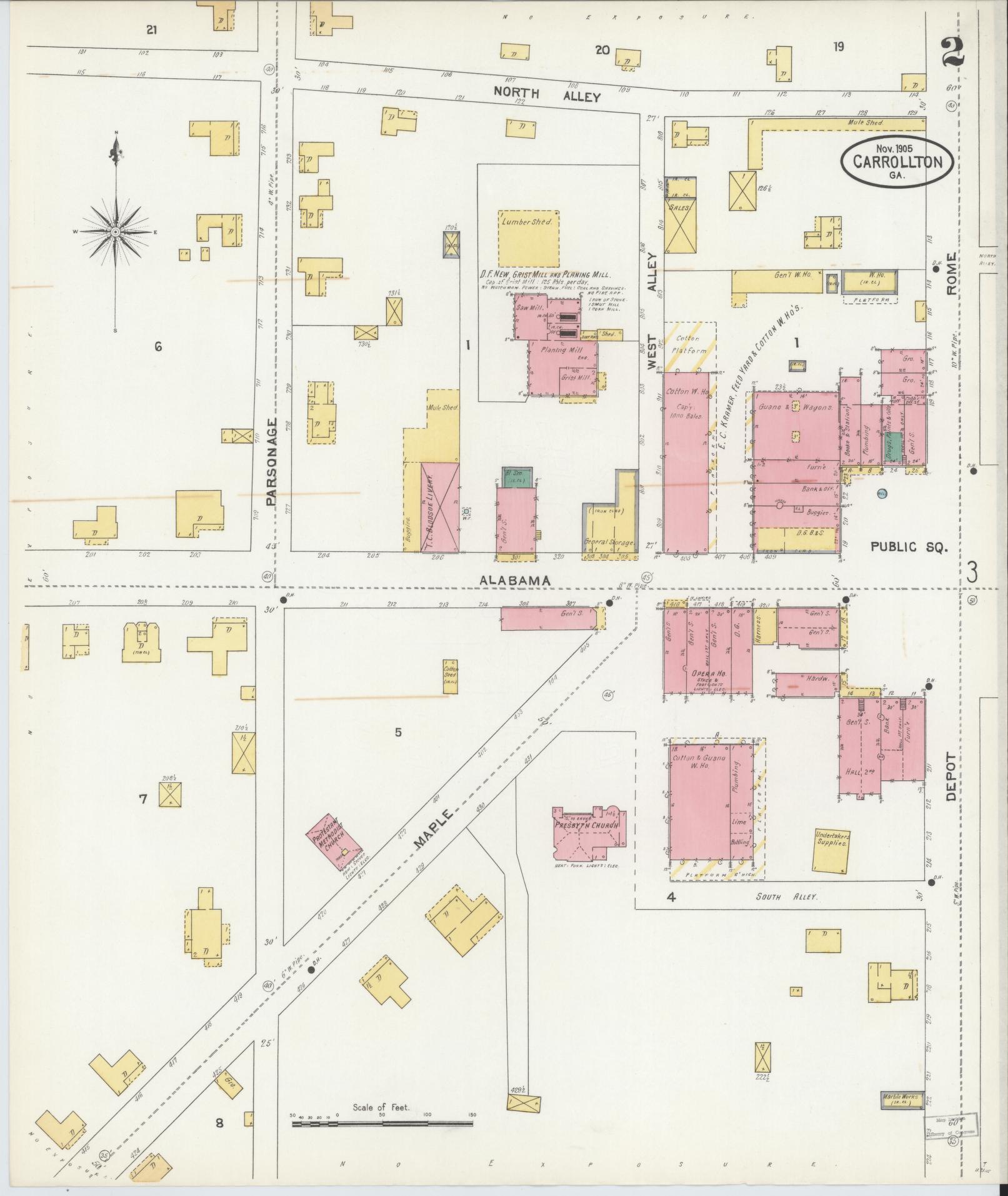 Sanborn Fire Insurance Map from Carrollton, Carroll County, Georgia (1905), Sheet #0002 - Historic Sanborn Fire Insurance Map Print, vintage old map wall art, antique decor, genealogy gift, Georgia Georgia map