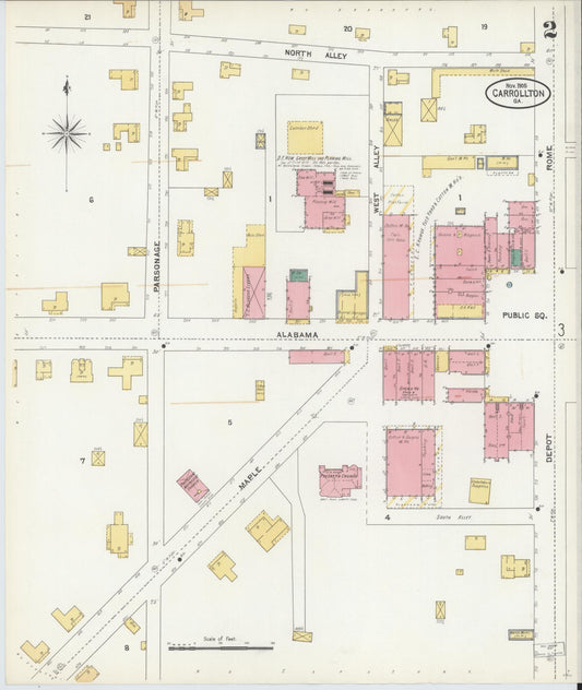 Sanborn Fire Insurance Map from Carrollton, Carroll County, Georgia (1905), Sheet #0002 - Historic Sanborn Fire Insurance Map Print, vintage old map wall art, antique decor, genealogy gift, Georgia Georgia map