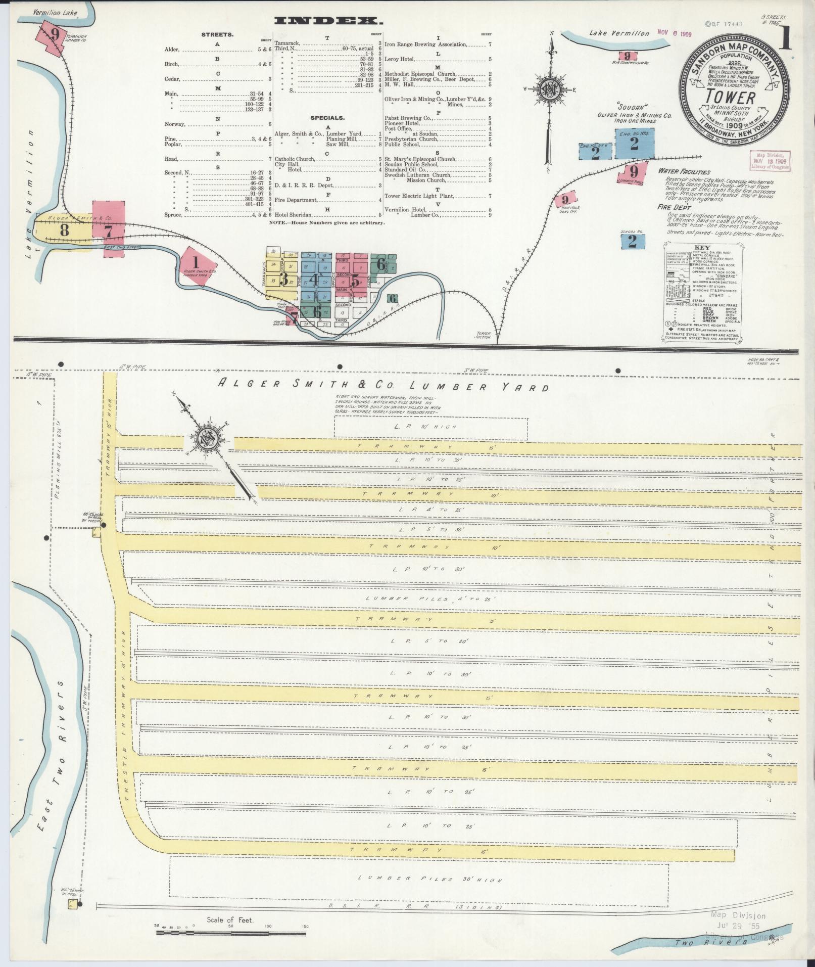 Sanborn Fire Insurance Map from Tower, Saint Louis County, Minnesota (1909), Sheet #0001 - Complete Map Set gallery image, historic Sanborn map, vintage wall art, Minnesota Minnesota