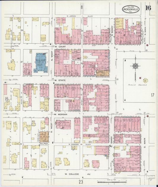 Sanborn Fire Insurance Map from Jacksonville, Morgan County, Illinois (1914), Sheet #0016 - Historic Sanborn Fire Insurance Map Print, vintage old map wall art, antique decor, genealogy gift, Illinois Illinois map
