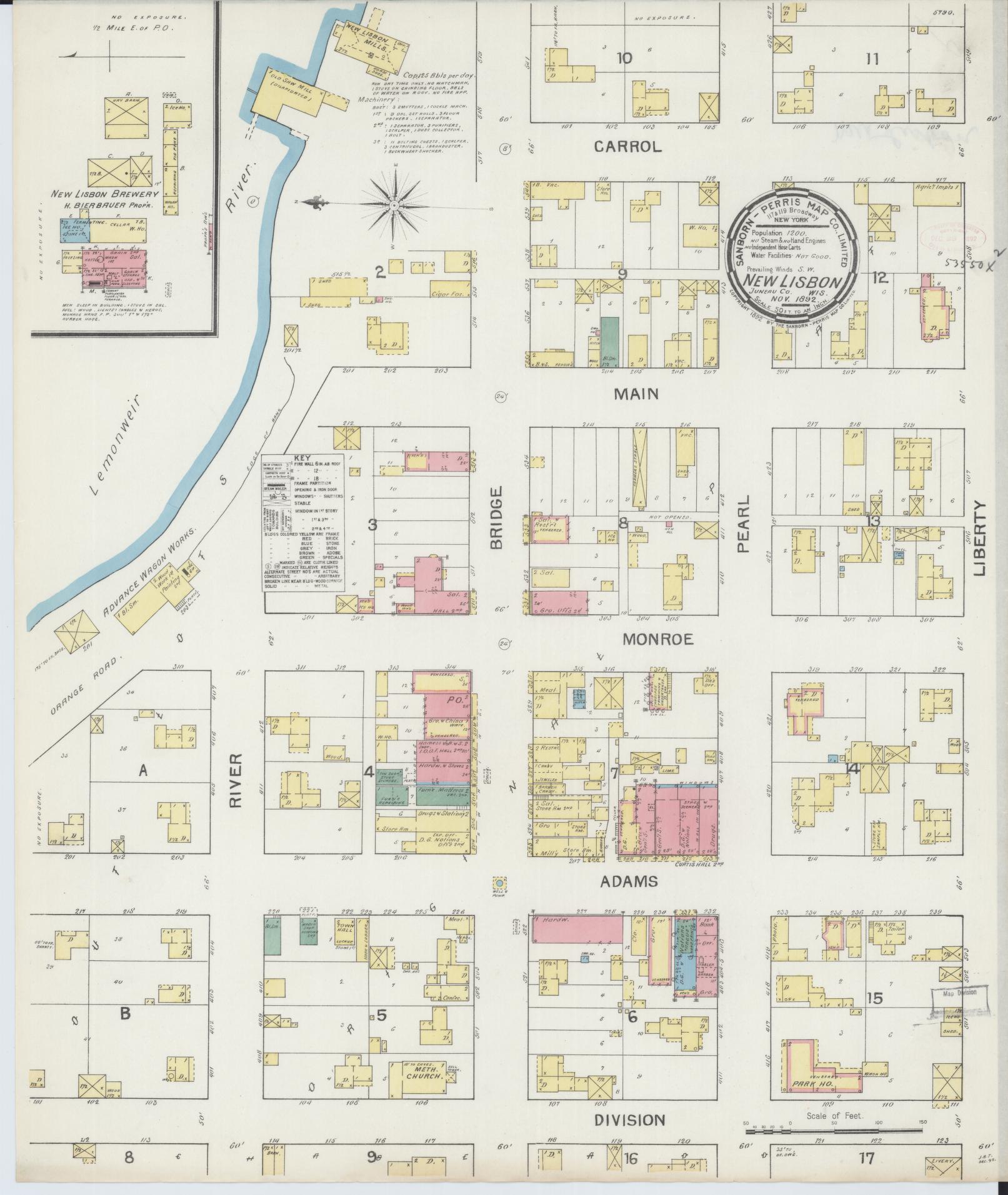 Sanborn Fire Insurance Map from New Lisbon, Juneau County, Wisconsin (1892), Sheet #0001 - Historic Sanborn Fire Insurance Map Print, vintage old map wall art, antique decor, genealogy gift, Wisconsin Wisconsin map