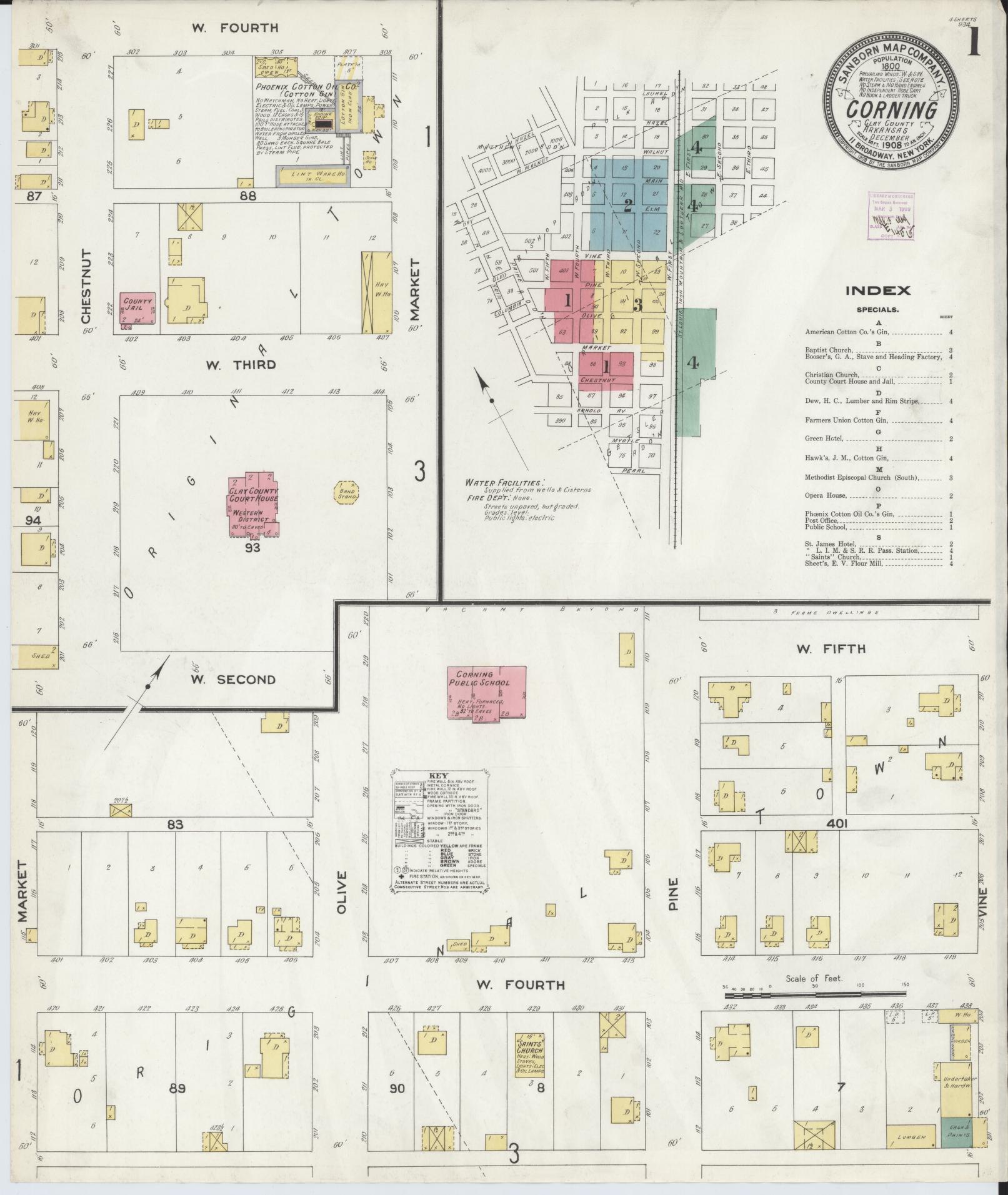 Sanborn Fire Insurance Map from Corning, Clay County, Arkansas (1908), Sheet #0001 - Historic Sanborn Fire Insurance Map Print, vintage old map wall art, antique decor, genealogy gift, Arkansas Arkansas map