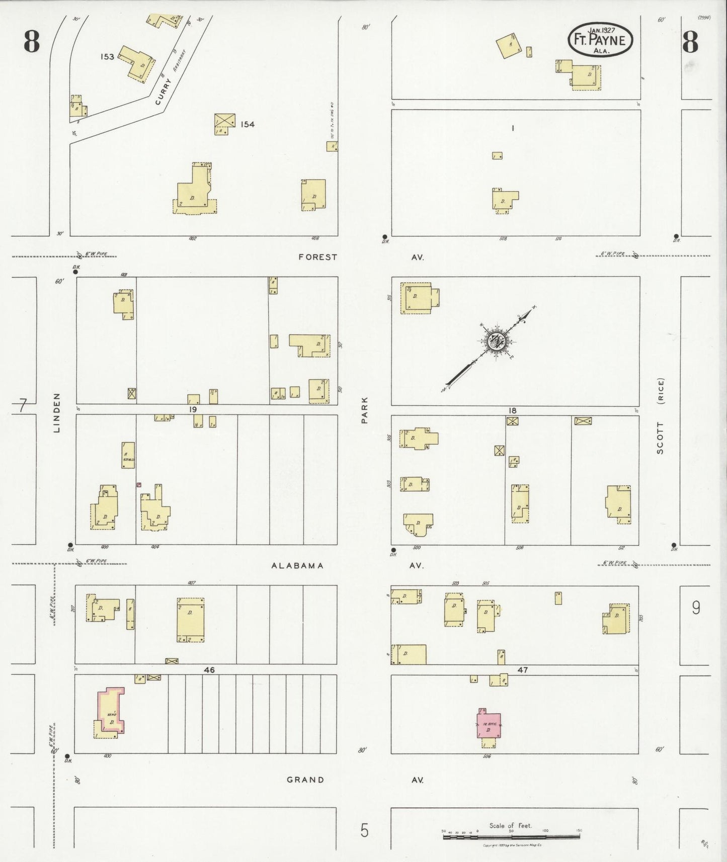 Sanborn Fire Insurance Map from Fort Payne, Dekalb County, Alabama (1927), Sheet #0008 - Complete Map Set gallery image, historic Sanborn map, vintage wall art, Alabama Alabama