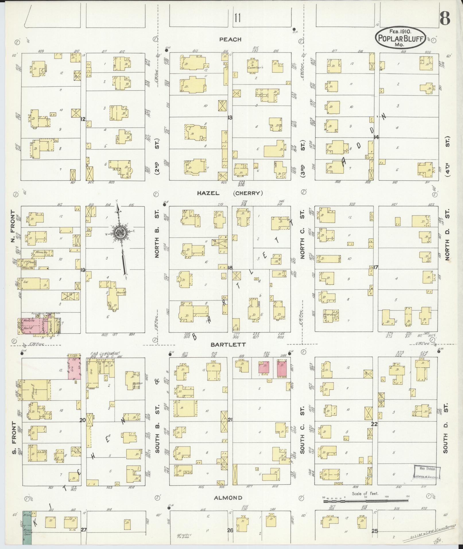 Sanborn Fire Insurance Map from Poplar Bluff, Butler County, Missouri (1910), Sheet #0008 - Historic Sanborn Fire Insurance Map Print, vintage old map wall art, antique decor, genealogy gift, Missouri Missouri map