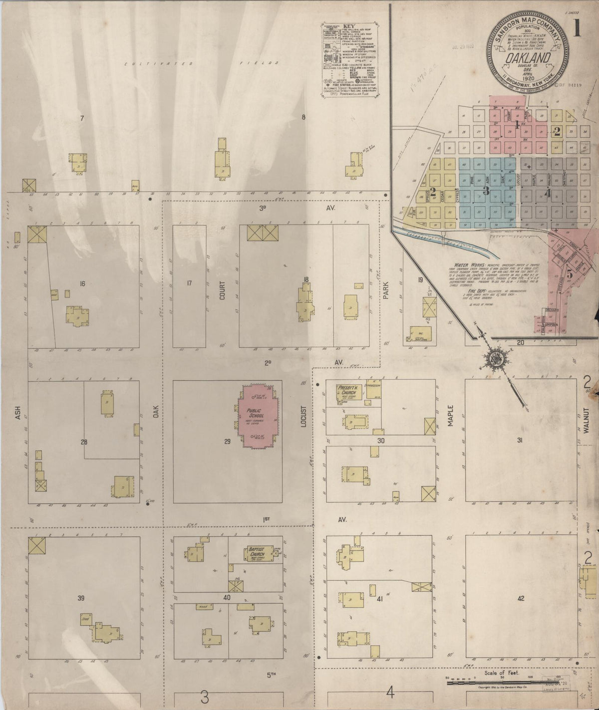 Sanborn Fire Insurance Map from Oakland, Douglas County, Oregon (1920), Sheet #0001 - Historic Sanborn Fire Insurance Map Print, vintage old map wall art, antique decor, genealogy gift, Oregon Oregon map