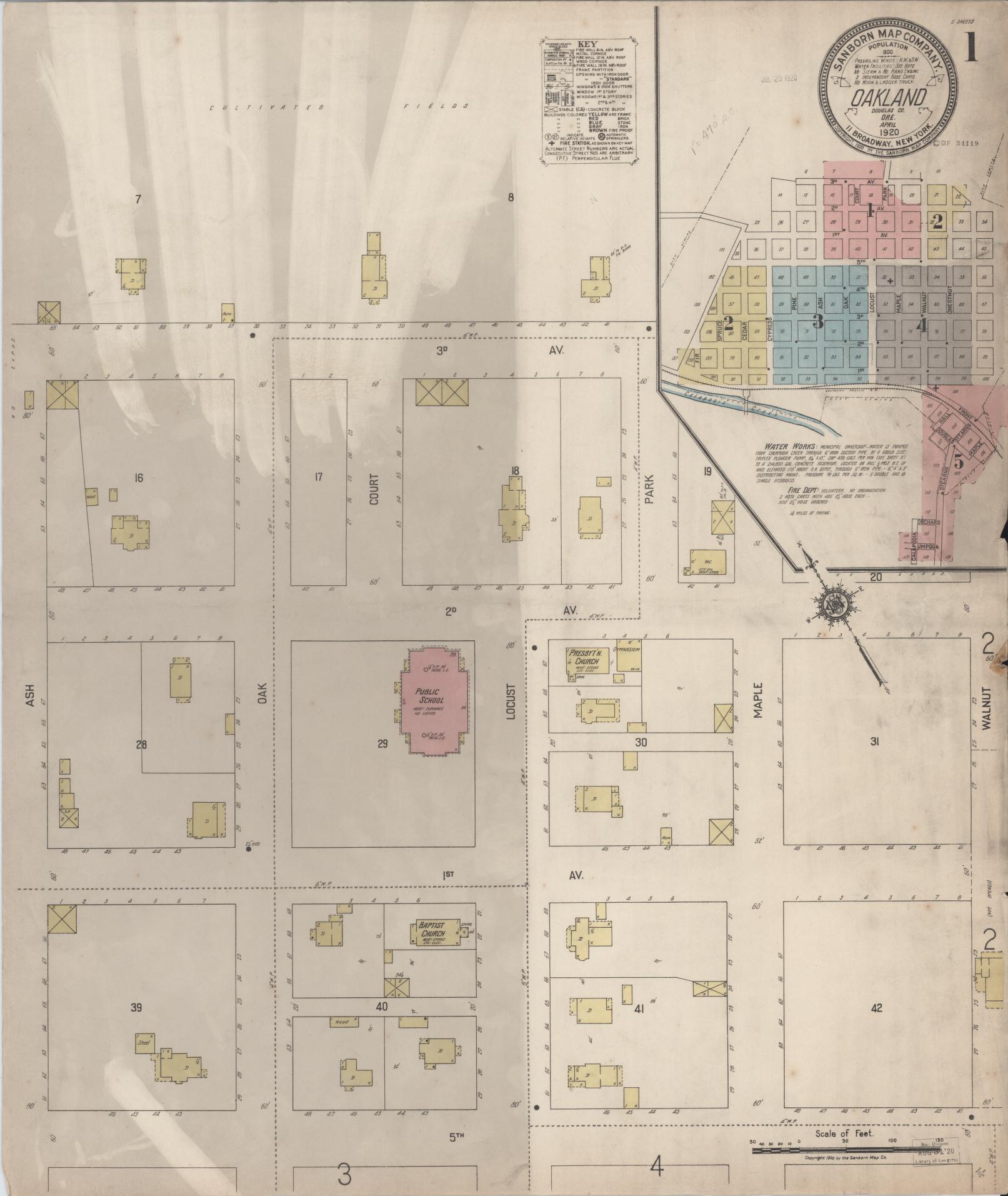 Sanborn Fire Insurance Map from Oakland, Douglas County, Oregon (1920), Sheet #0001 - Historic Sanborn Fire Insurance Map Print, vintage old map wall art, antique decor, genealogy gift, Oregon Oregon map
