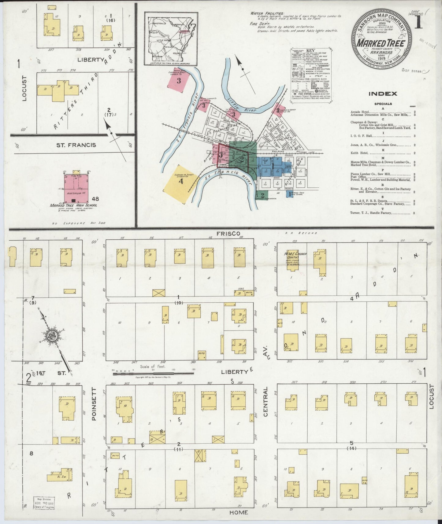 Sanborn Fire Insurance Map from Marked Tree, Poinsett County, Arkansas (1919), Sheet #0001 - Historic Sanborn Fire Insurance Map Print, vintage old map wall art, antique decor, genealogy gift, Arkansas Arkansas map