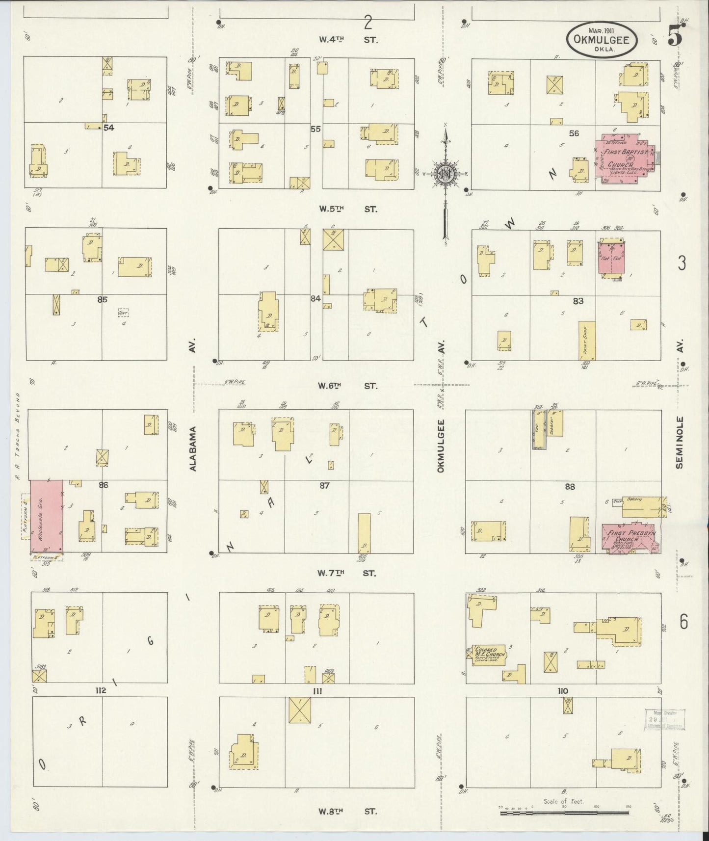 Sanborn Fire Insurance Map from Okmulgee, Okmulgee County, Oklahoma (1911), Sheet #0005 - Complete Map Set gallery image, historic Sanborn map, vintage wall art, Oklahoma Oklahoma