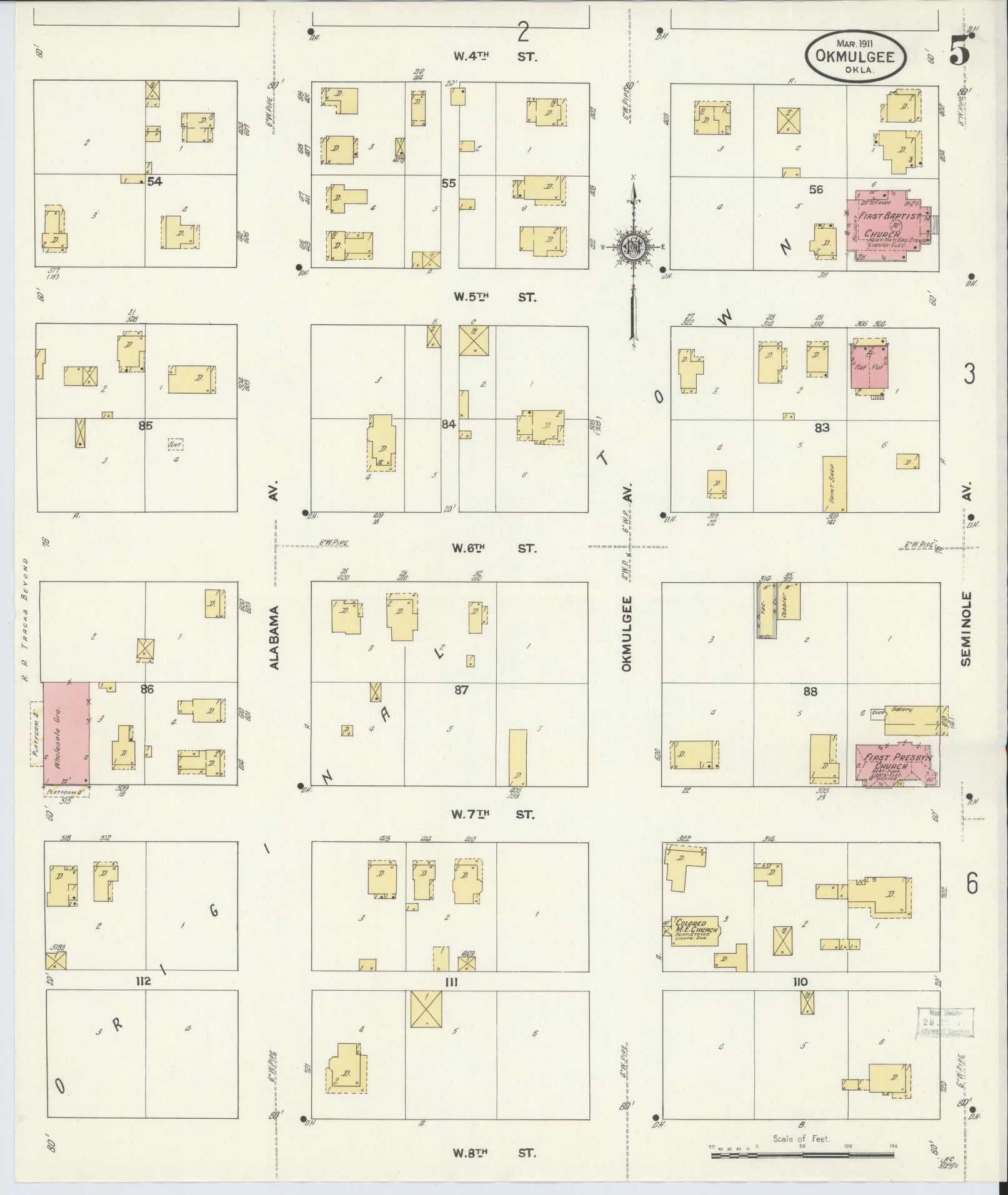 Sanborn Fire Insurance Map from Okmulgee, Okmulgee County, Oklahoma (1911), Sheet #0005 - Complete Map Set gallery image, historic Sanborn map, vintage wall art, Oklahoma Oklahoma