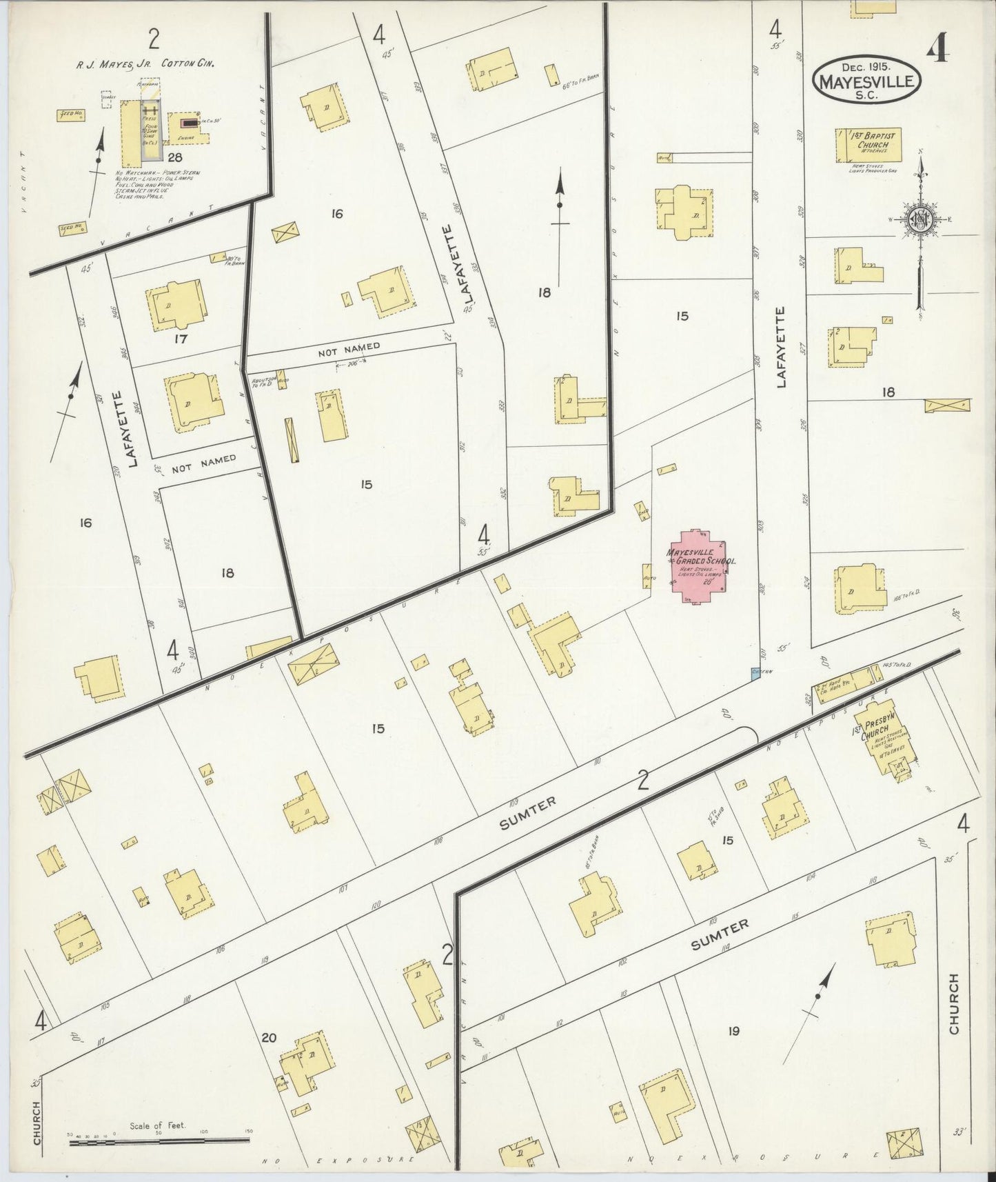 Sanborn Fire Insurance Map from Mayesville, Sumter County, South Carolina (1915), Sheet #0004 - Complete Map Set gallery image, historic Sanborn map, vintage wall art, South Carolina South Carolina