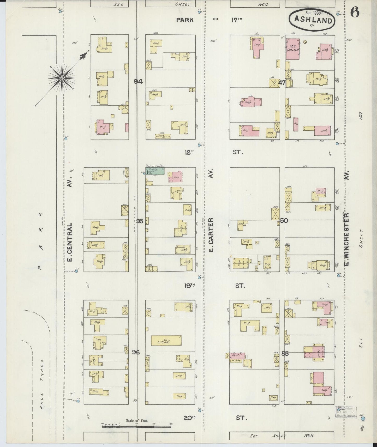 Sanborn Fire Insurance Map from Ashland, Boyd County, Kentucky (1890), Sheet #0006 - Historic Sanborn Fire Insurance Map Print, vintage old map wall art, antique decor, genealogy gift, Kentucky Kentucky map