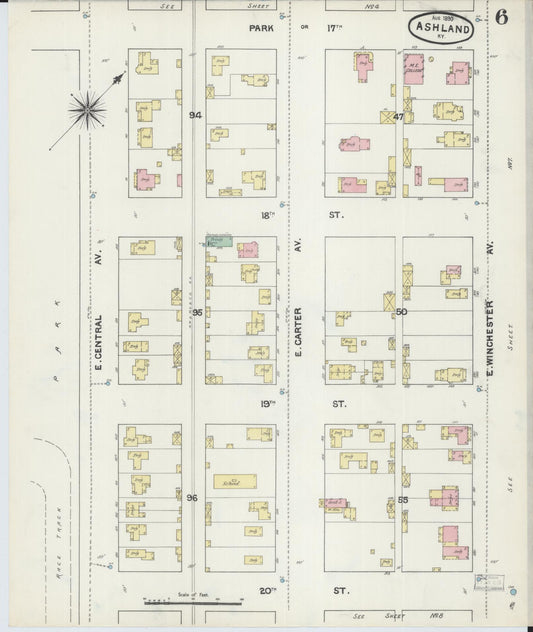 Sanborn Fire Insurance Map from Ashland, Boyd County, Kentucky (1890), Sheet #0006 - Historic Sanborn Fire Insurance Map Print, vintage old map wall art, antique decor, genealogy gift, Kentucky Kentucky map