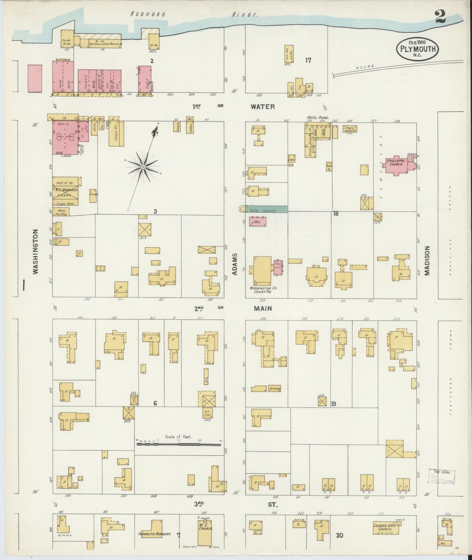 Sanborn Fire Insurance Map from Plymouth, Washington County, North Carolina (1900), Sheet #0002 - Complete Map Set gallery image, historic Sanborn map, vintage wall art, North Carolina North Carolina