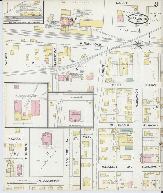 Sanborn Fire Insurance Map from Charleston, Coles County, Illinois (1892), Sheet #0003 - Historic Sanborn Fire Insurance Map Print, vintage old map wall art, antique decor, genealogy gift, Illinois Illinois map