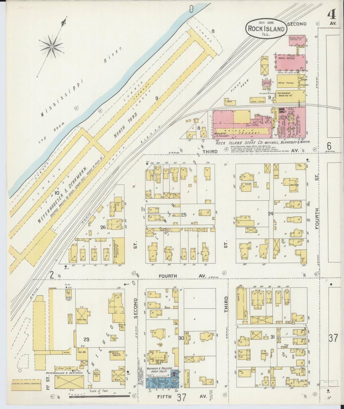 Sanborn Fire Insurance Map from Rock Island, Rock Island County, Illinois (1898), Sheet #0004 - Historic Sanborn Fire Insurance Map Print, vintage old map wall art, antique decor, genealogy gift, Illinois Illinois map