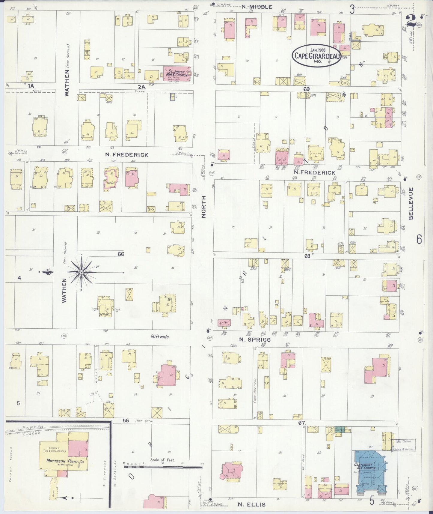 Sanborn Fire Insurance Map from Cape Girardeau, Cape Girardeau County, Missouri (1908), Sheet #0002 - Historic Sanborn Fire Insurance Map Print, vintage old map wall art, antique decor, genealogy gift, Missouri Missouri map