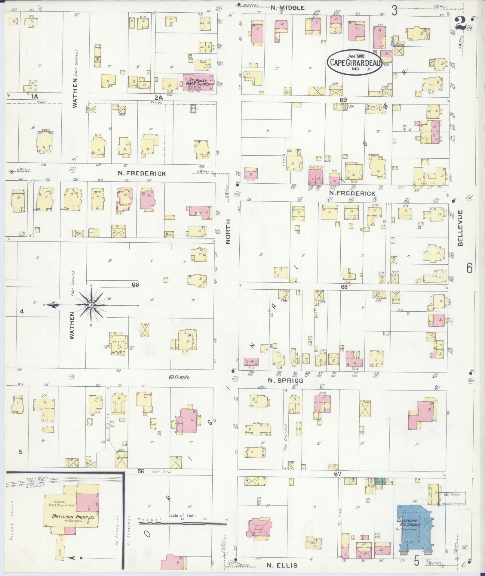 Sanborn Fire Insurance Map from Cape Girardeau, Cape Girardeau County, Missouri (1908), Sheet #0002 - Historic Sanborn Fire Insurance Map Print, vintage old map wall art, antique decor, genealogy gift, Missouri Missouri map