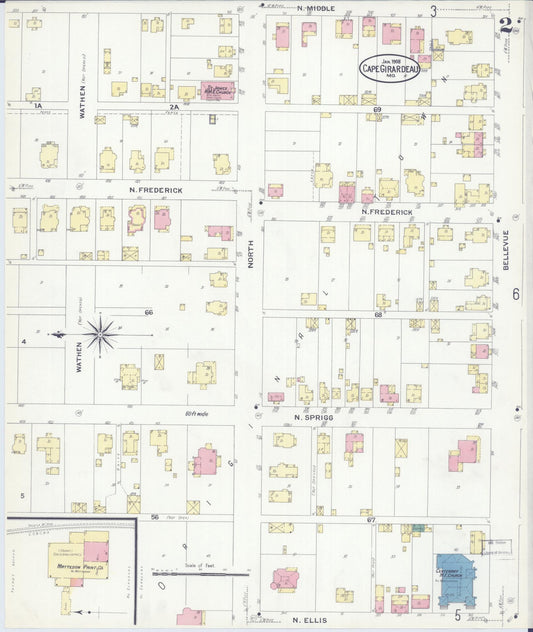 Sanborn Fire Insurance Map from Cape Girardeau, Cape Girardeau County, Missouri (1908), Sheet #0002 - Historic Sanborn Fire Insurance Map Print, vintage old map wall art, antique decor, genealogy gift, Missouri Missouri map