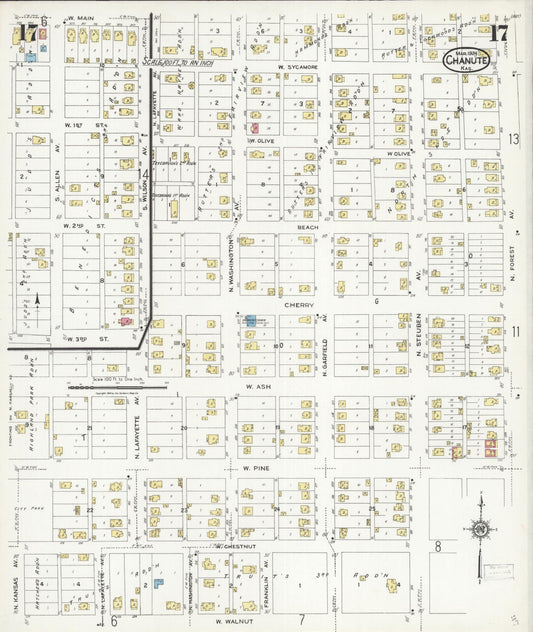 Sanborn Fire Insurance Map from Chanute, Neosho County, Kansas (1924), Sheet #0017 - Historic Sanborn Fire Insurance Map Print, vintage old map wall art, antique decor, genealogy gift, Kansas Kansas map