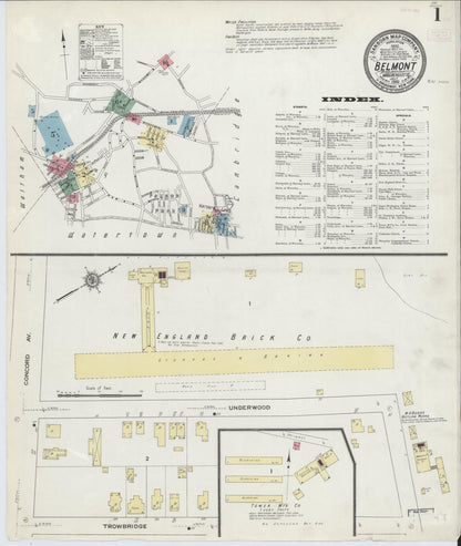 Sanborn Fire Insurance Map from Belmont, Middlesex County, Massachusetts (1910), Sheet #0001 - Historic Sanborn Fire Insurance Map Print, vintage old map wall art, antique decor, genealogy gift, Massachusetts Massachusetts map